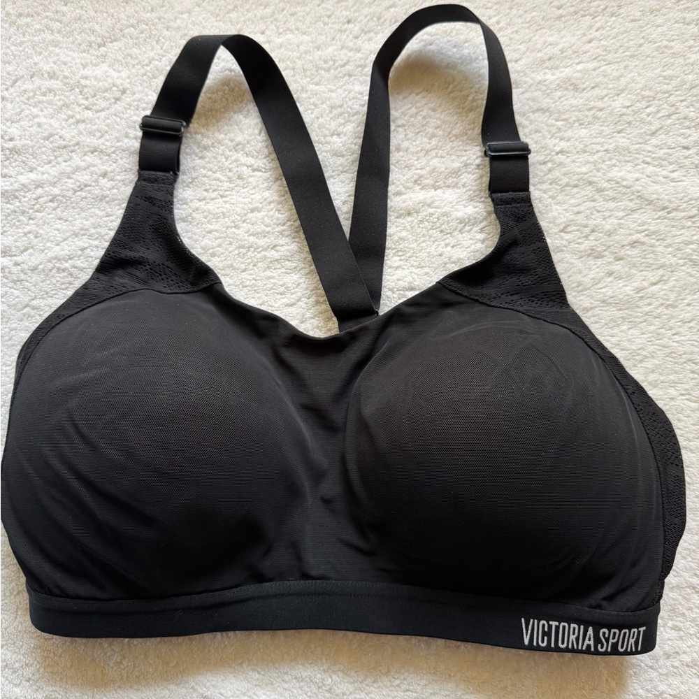 Victoria's Secret Black Sports Bra with Crossback Straps, breathable lace sides.